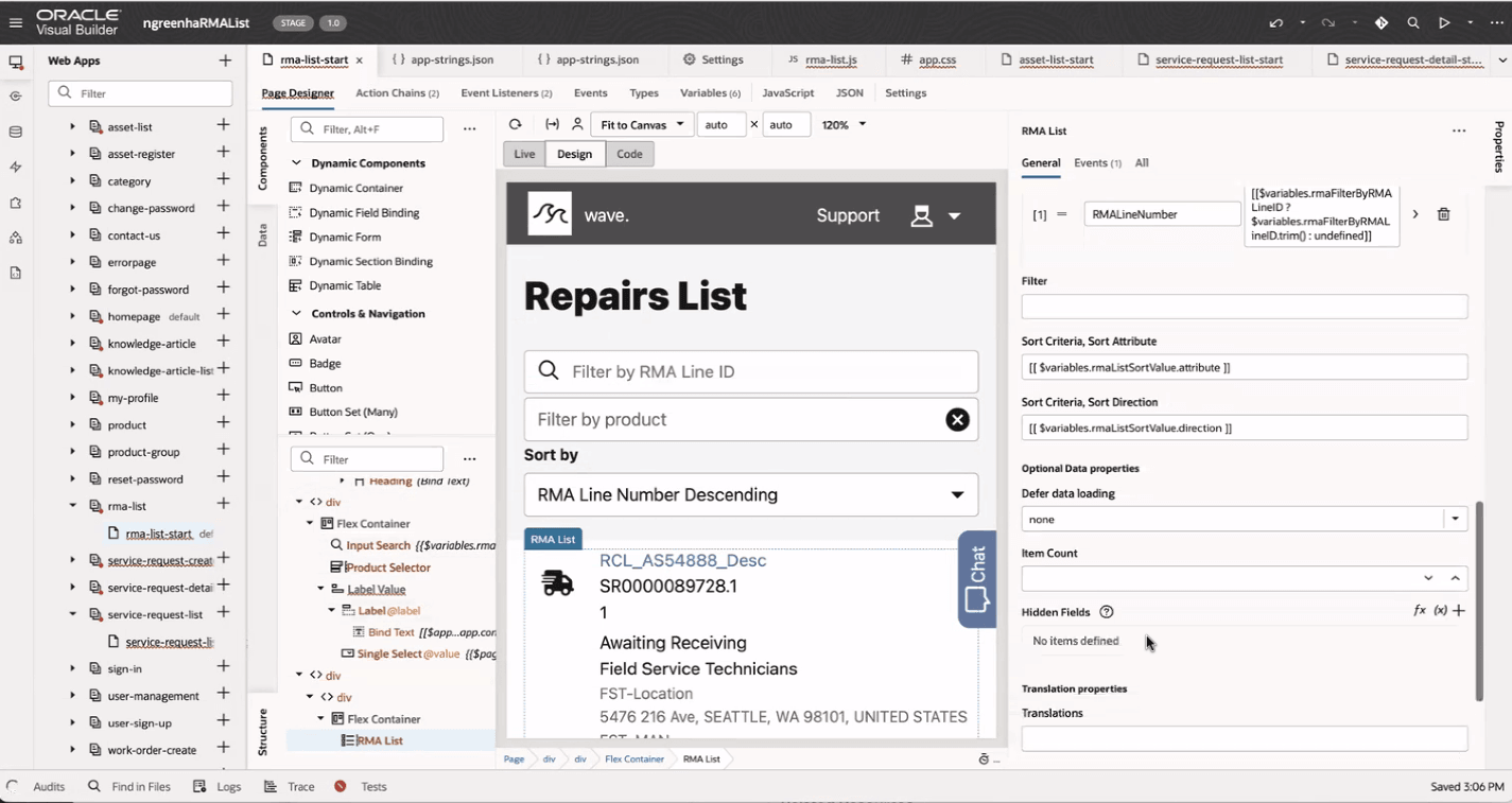 RMA Repairs List component in the DCS reference template