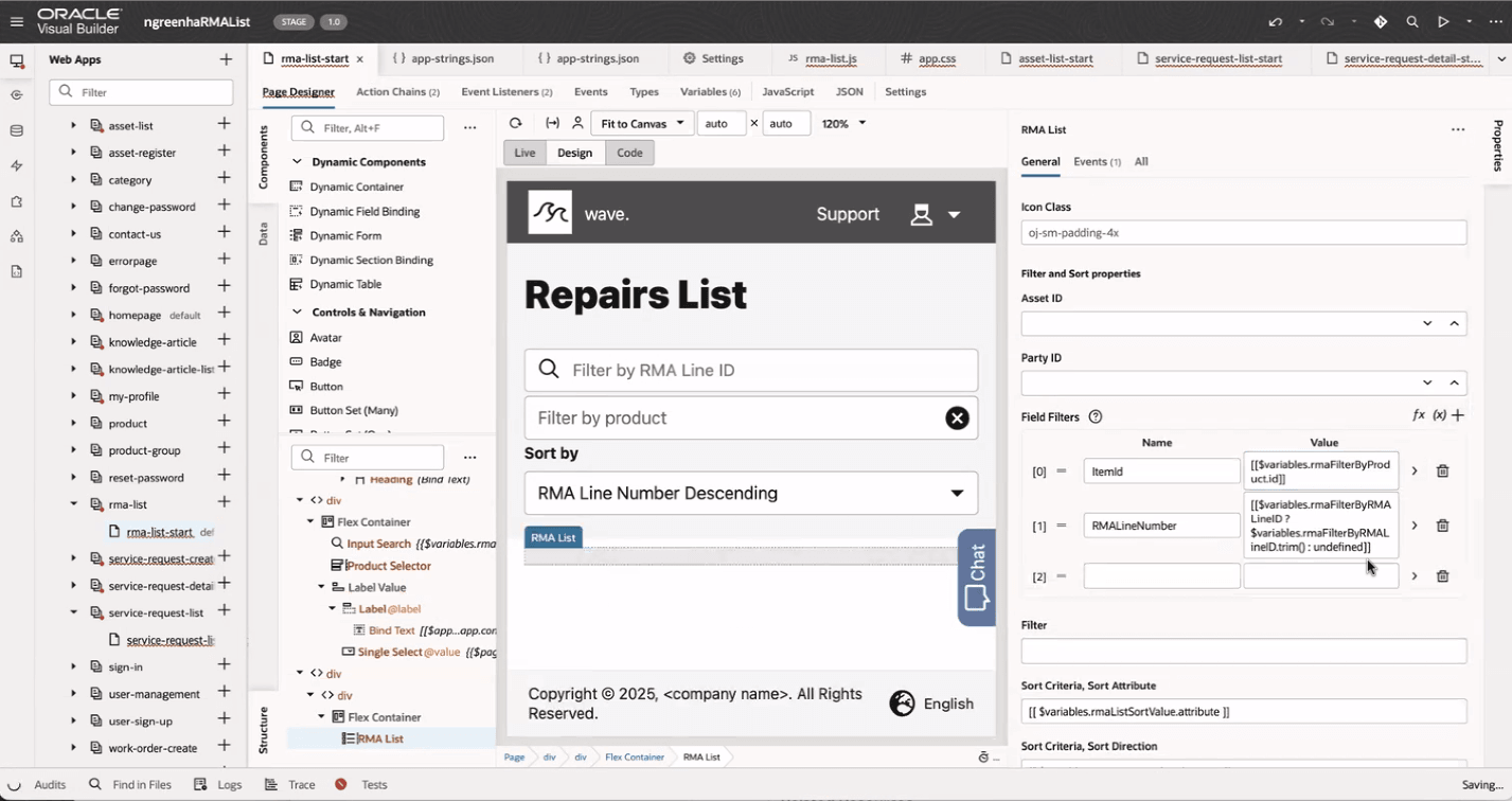 Apply filters to the RMA Repairs List component in the DCS reference template