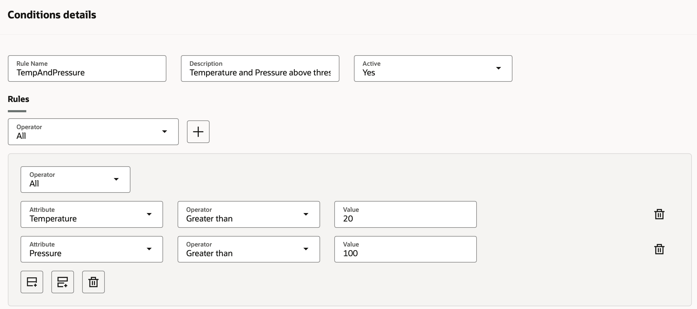 Screenshot showing Conditions details with Condition details and Rules