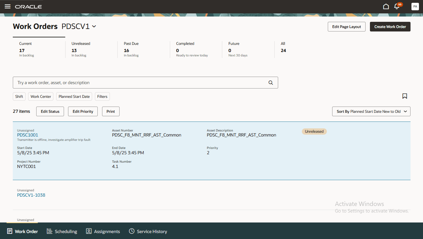 Work Orders tab with Project Number and Task Number