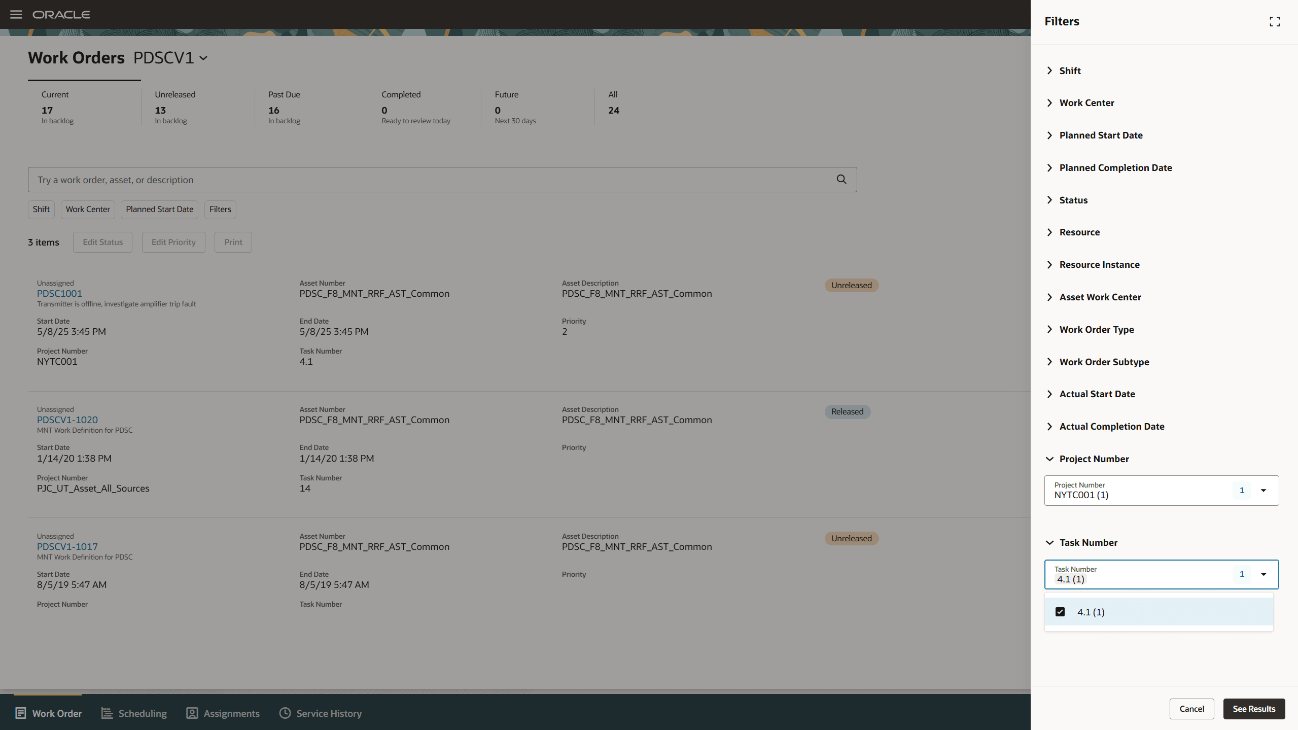 Screenshot showing new filters for Project Number and Task Number