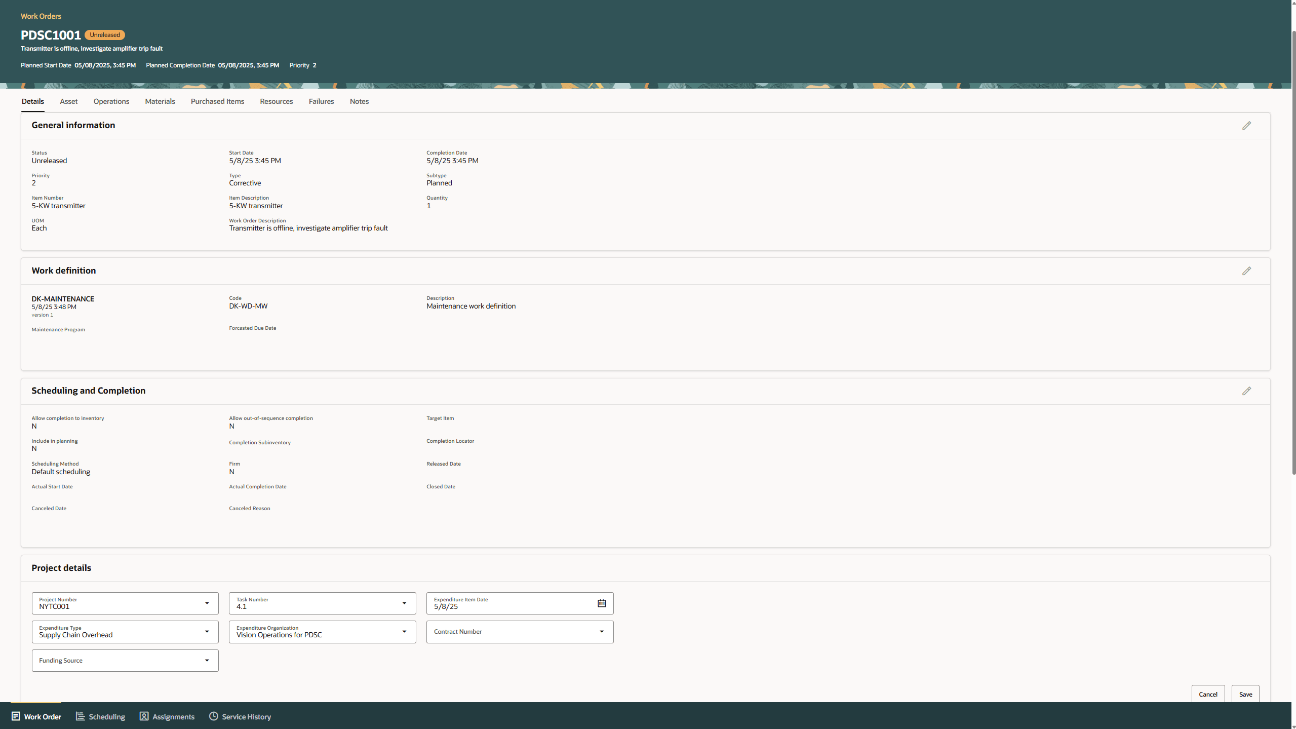 Edit Maintenance Work Order with new section for Project Details