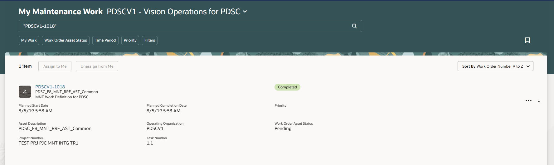 My Maintenance Work page with the new attributes for Project and Task Number