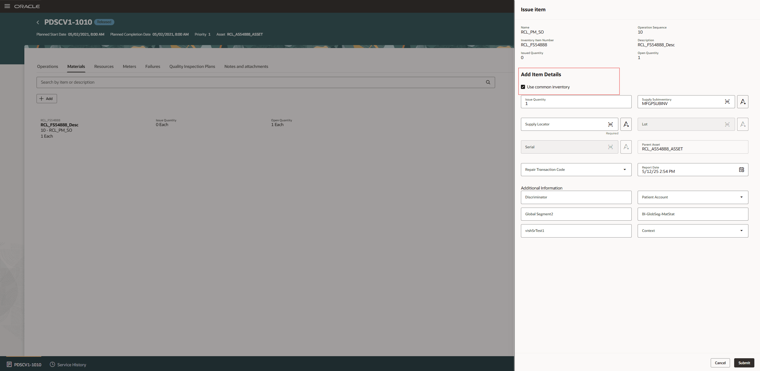 Materials tab with Project and Task Number references for Work Execution