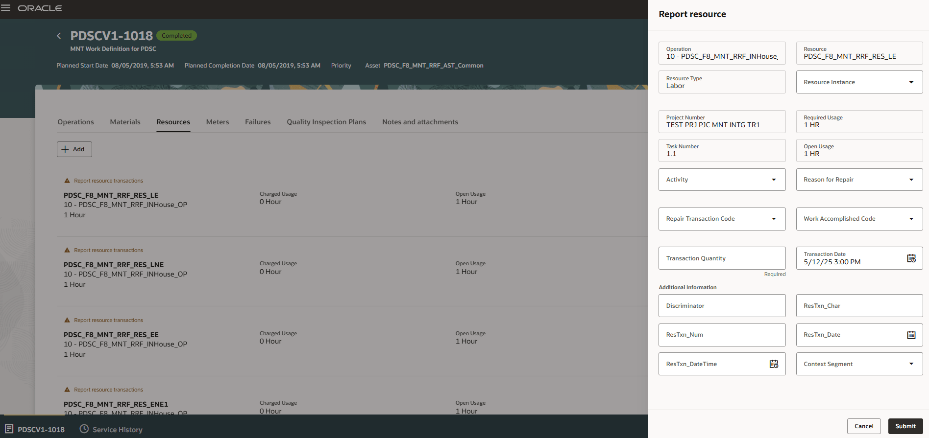 Rescources tab with Project and Task Number references for Work Execution