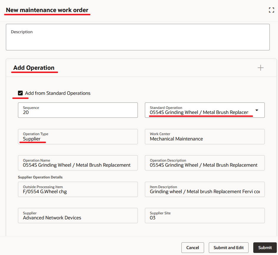 New maintenance work order drawer with the addition of an OSP operation