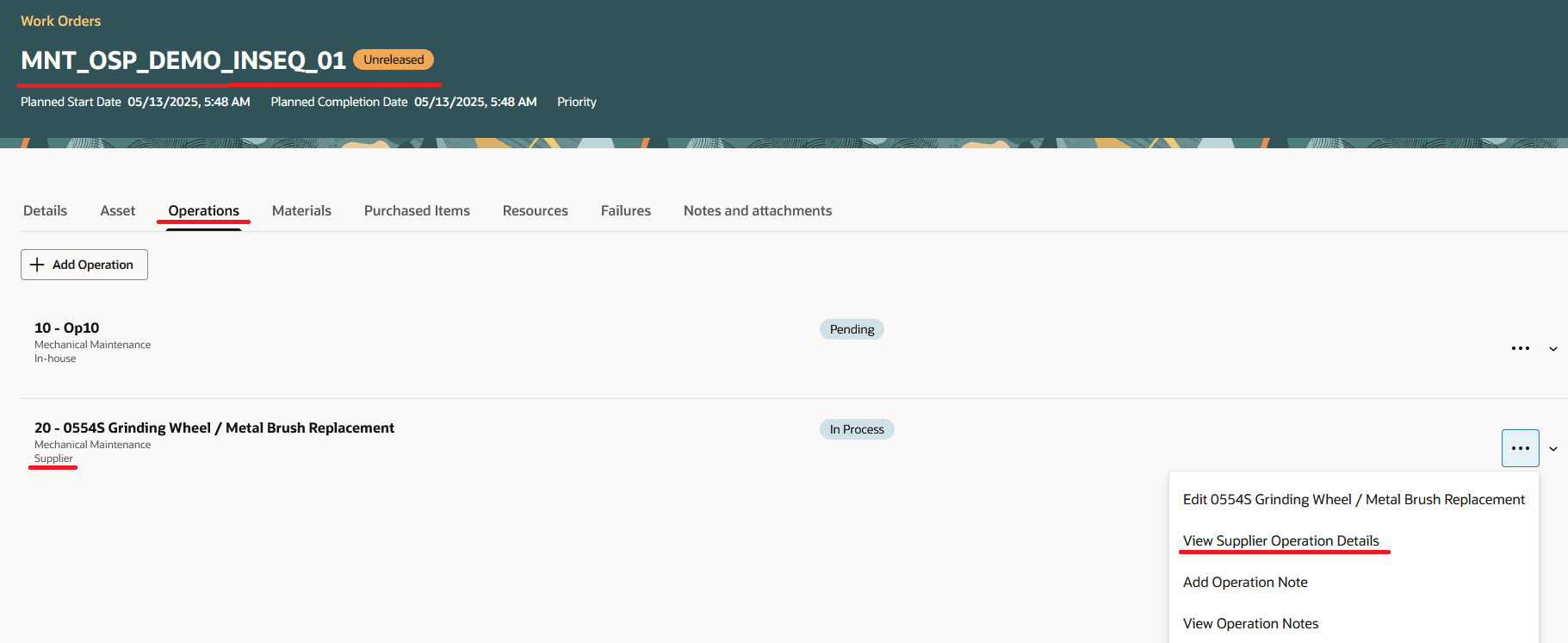 Work Order Details with the Operations tab