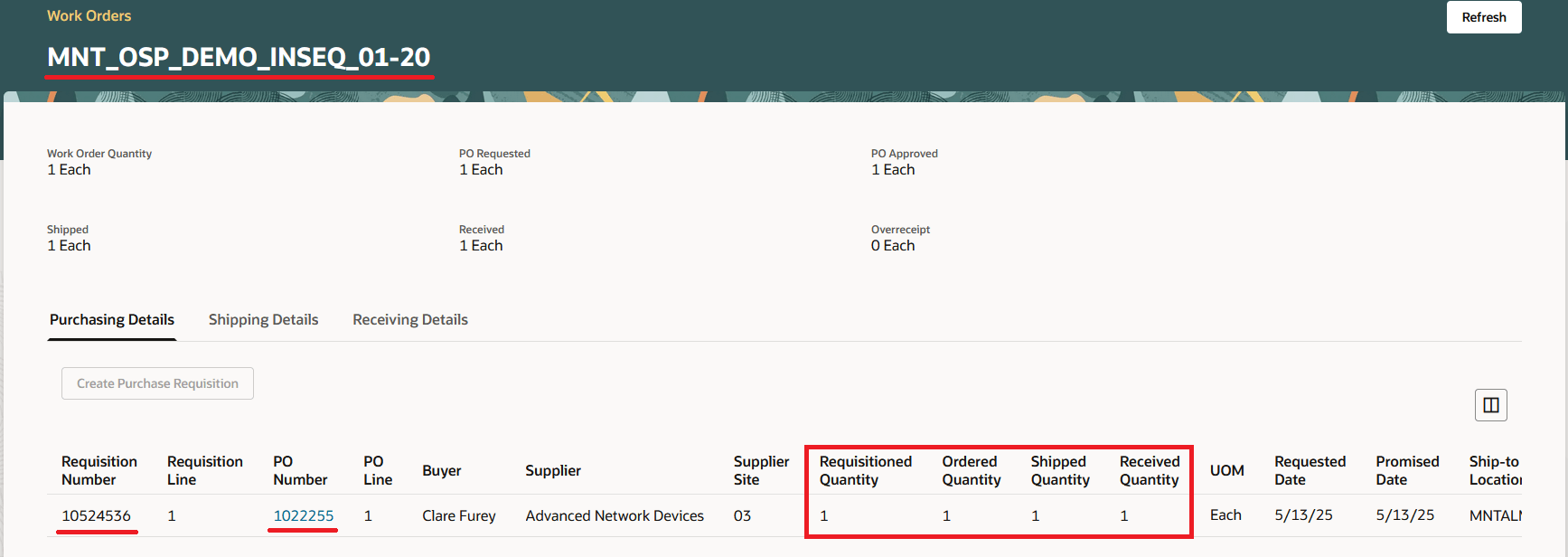 Supplier Operation Details page with Purchasing Details tab
