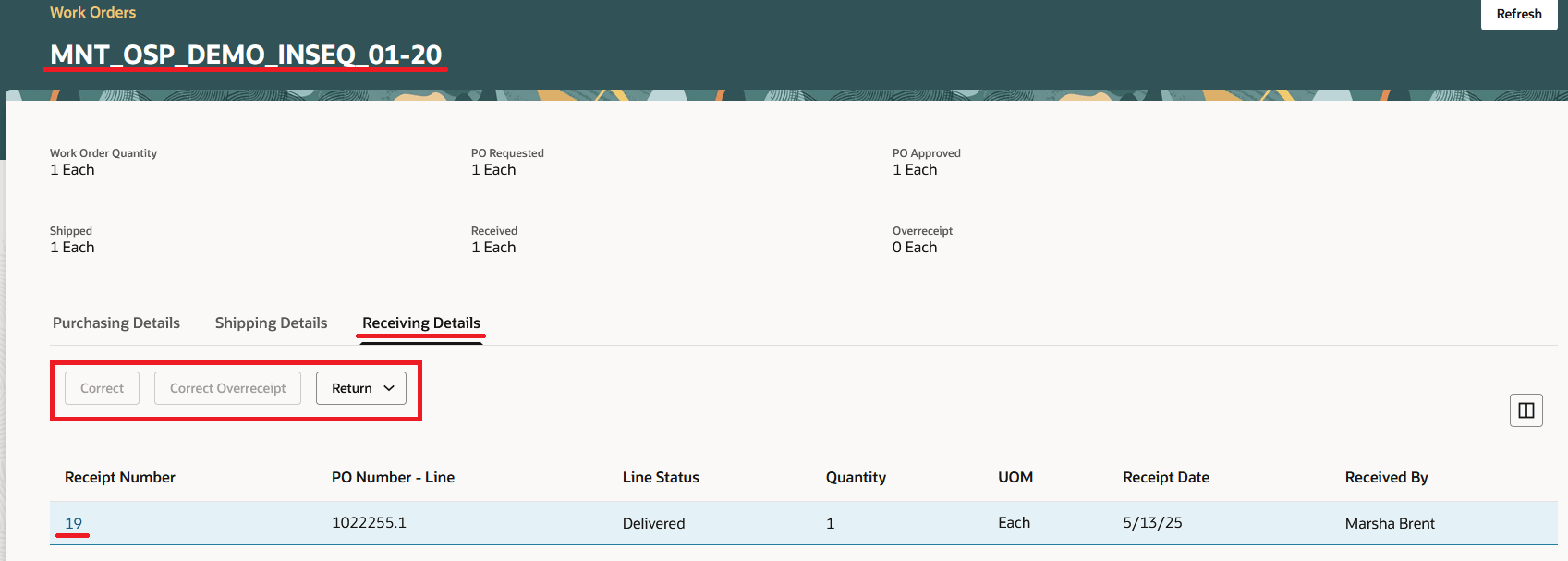 Supplier Operation Details page with Receiving Details tab