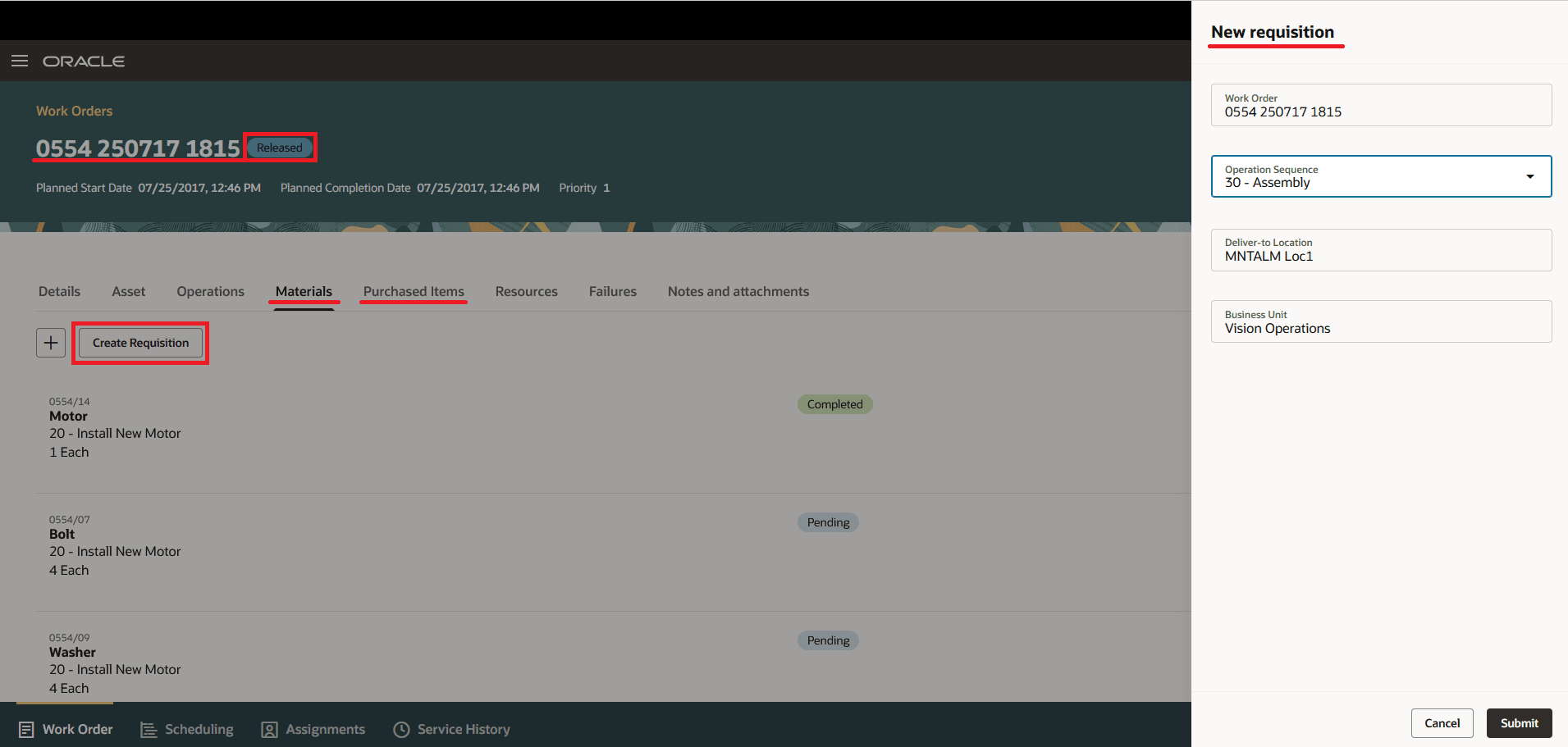 Create Requisition Drawer with an Operation Sequence