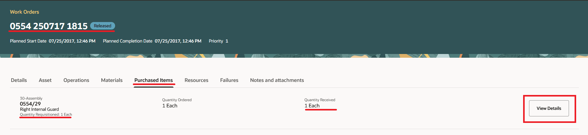 Purchased Items tab for Operation 30