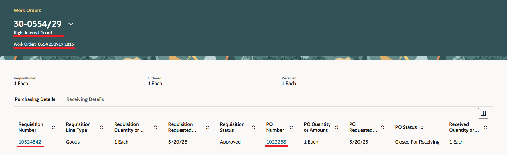 Purchasing Details tab which shows quantity for Requisitioned, Ordered and Received