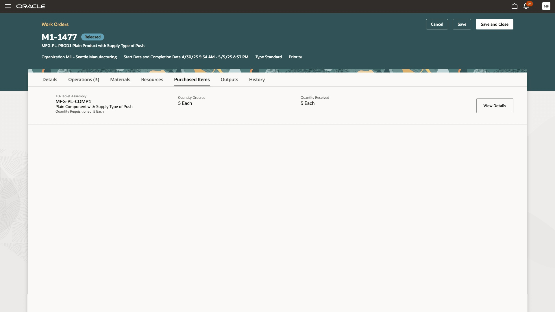 Purchase Items tab inside the Work Order Details Page