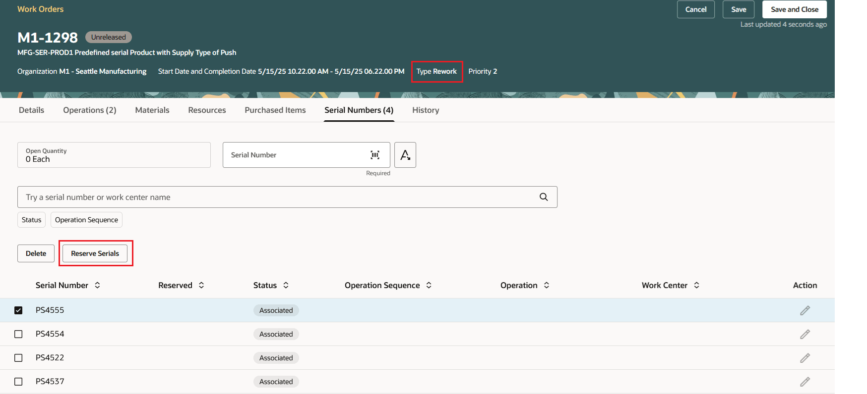 Manufacturing: Rework Wok Orders - Reserve Serials action