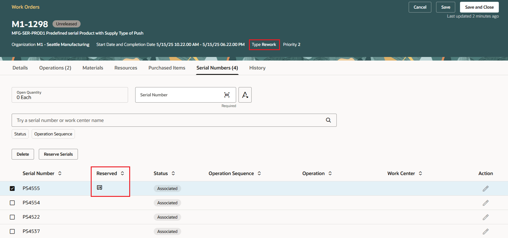 Manufacturing: Rework Work Order Serial Reservation