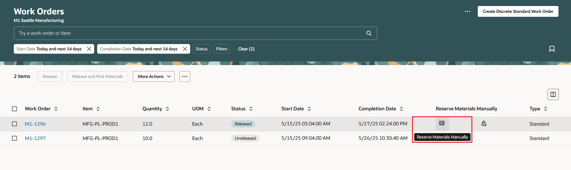 Manage Work Order - Reserve Materials Manually action