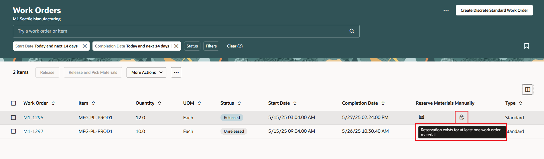 Manage Work Order - Material Reservation information