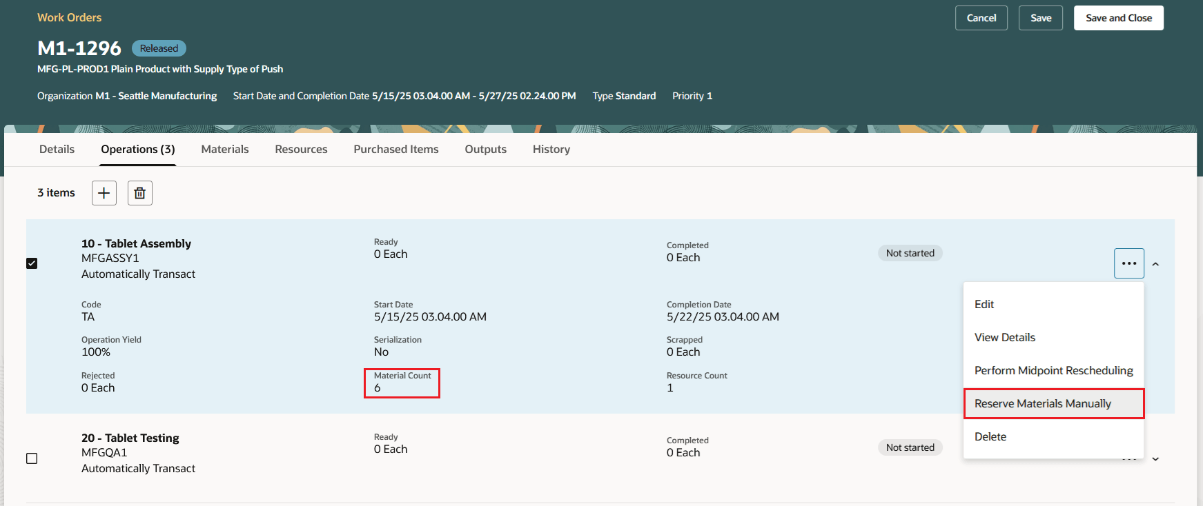 Edit Work Order Operation - Reserve Materials Manually action