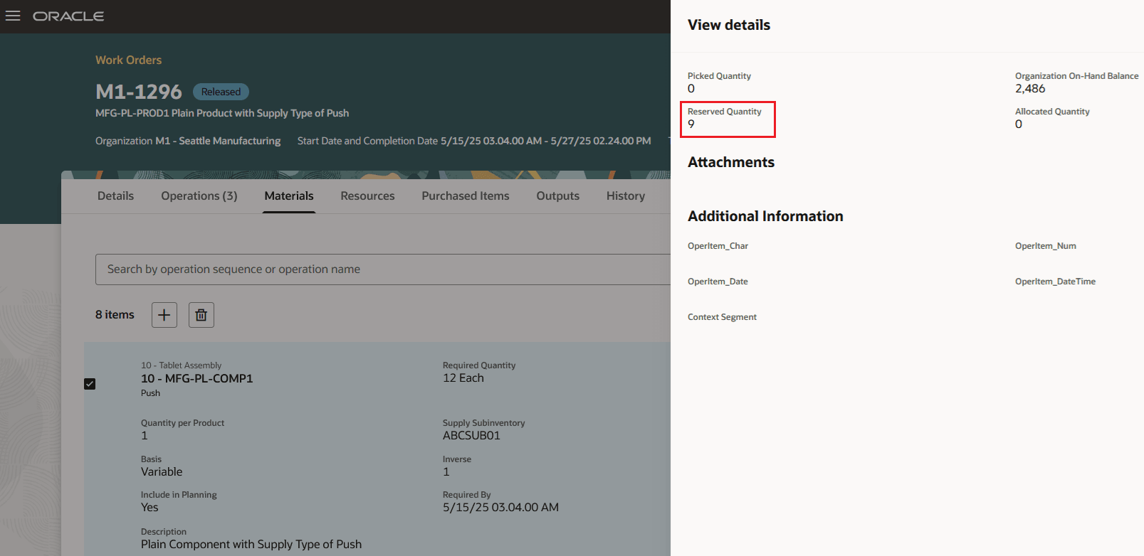 Manufacturing: Work Order Operation Material Reserved Quantity