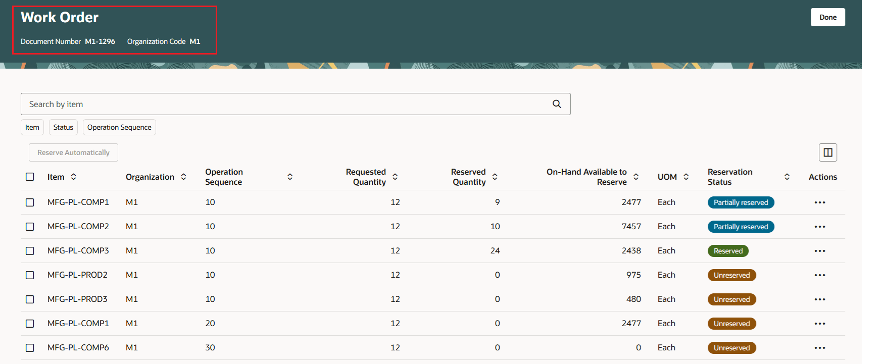 Inventory: Work Order Materials Reservation details