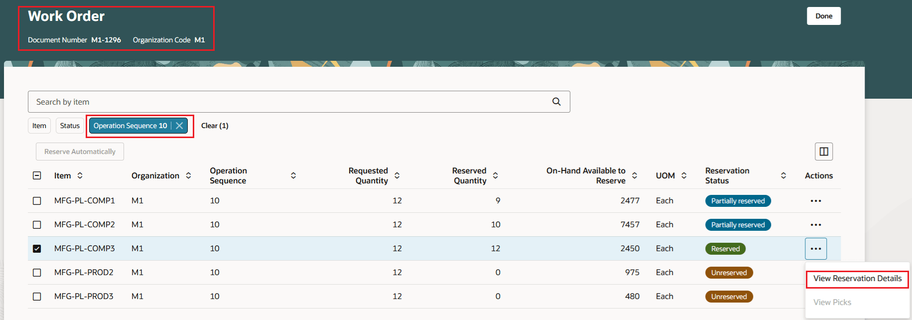 Inventory: Work Order Materials Reservation - View Reservation Details