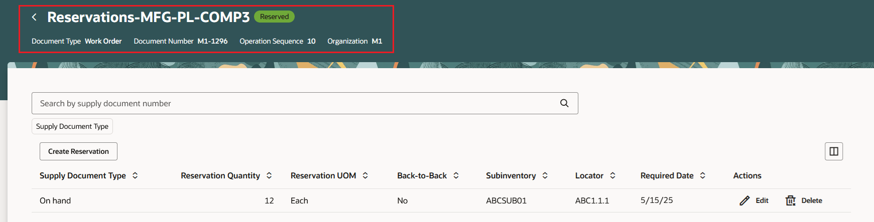 Inventory: Work Order Material Reservation details