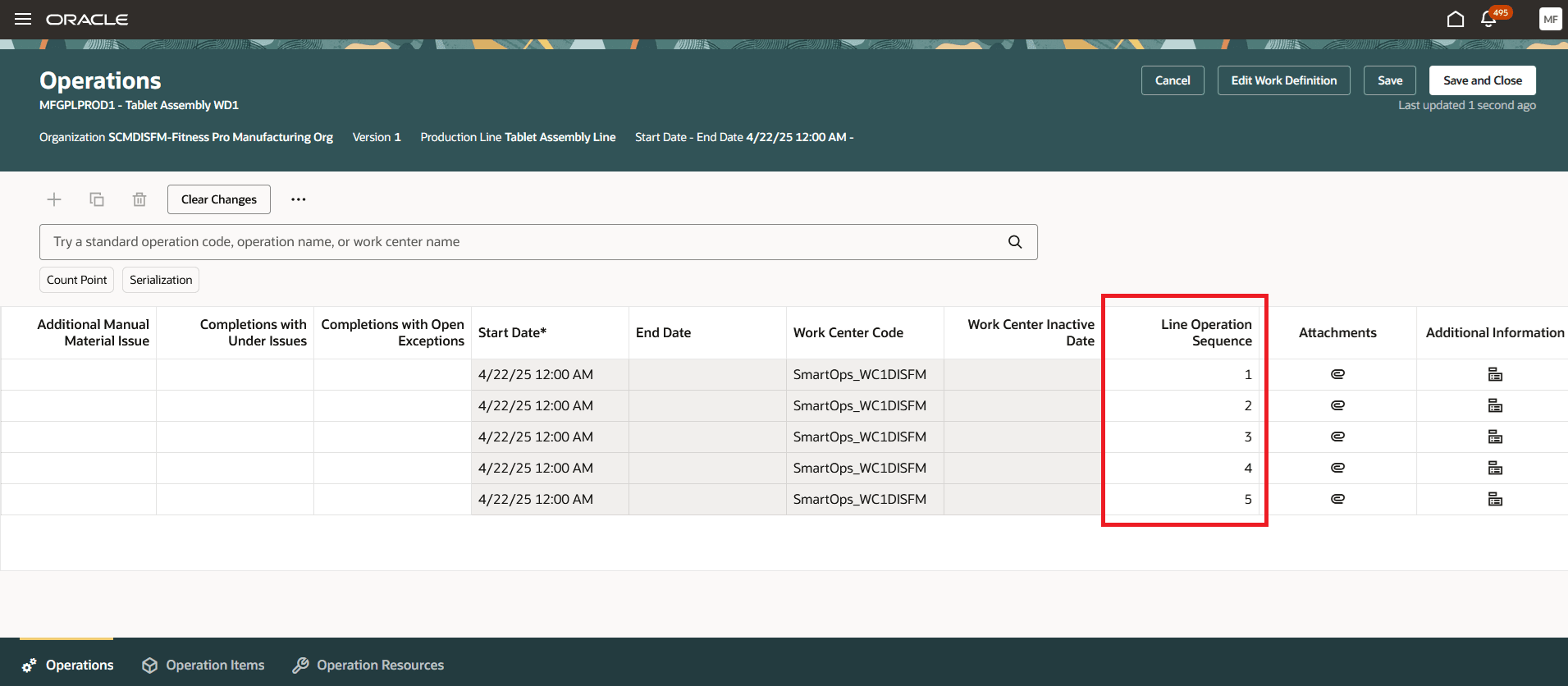 Associate Line Operation Sequences  to Work Definition Operations