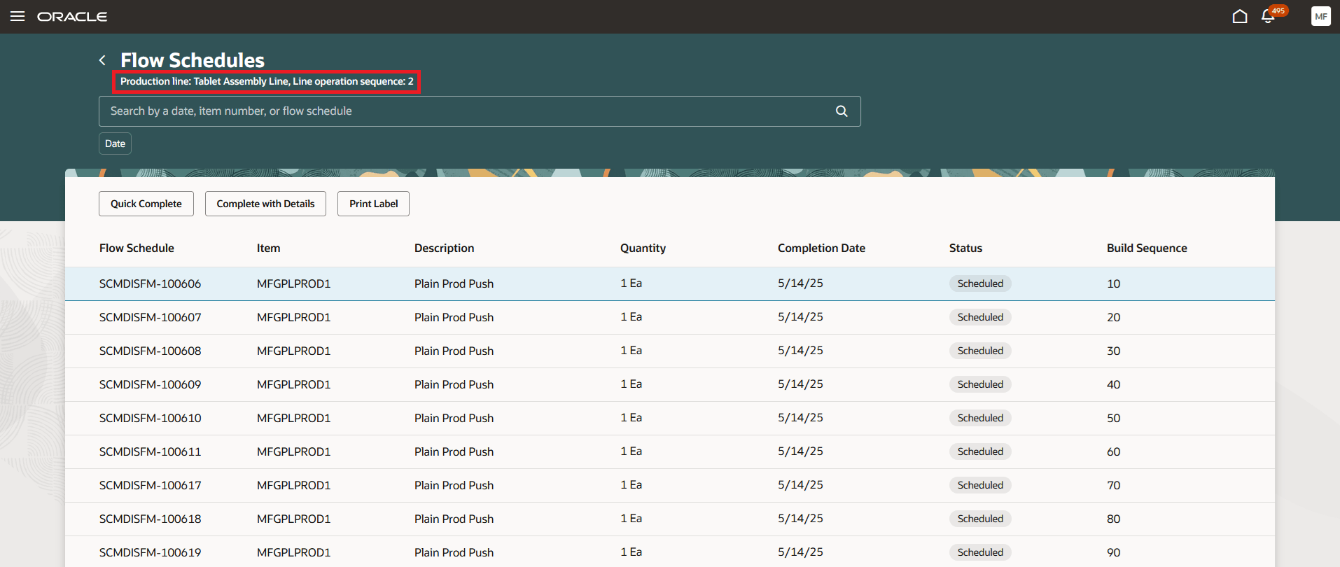Select a Flow Schedule to Complete at the Selected Line Operation