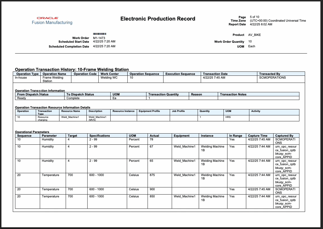 Operational Parameters in Electronic Production Record