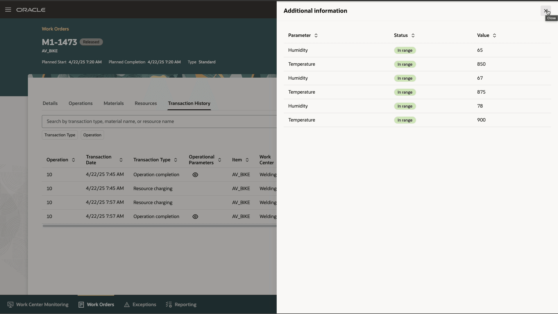 View Operational Parameters in Production Supervisor Workbench