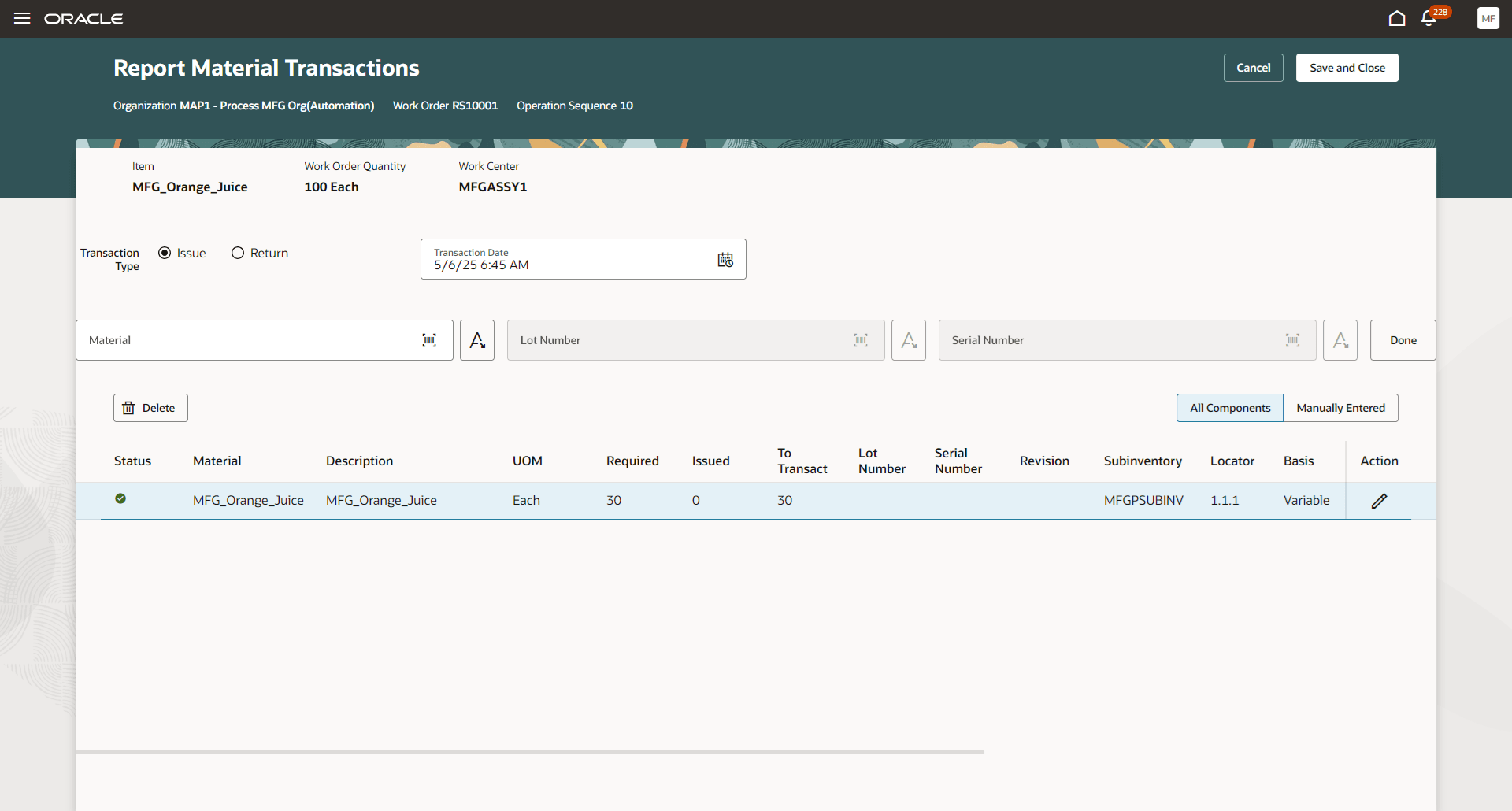 Output Item transaction as input Item