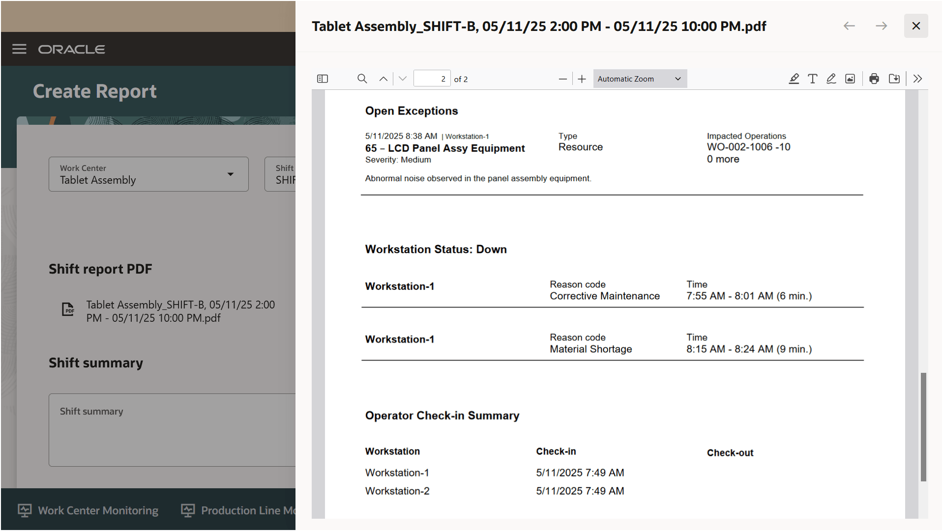 Shift Report Showing Workstation downtimes