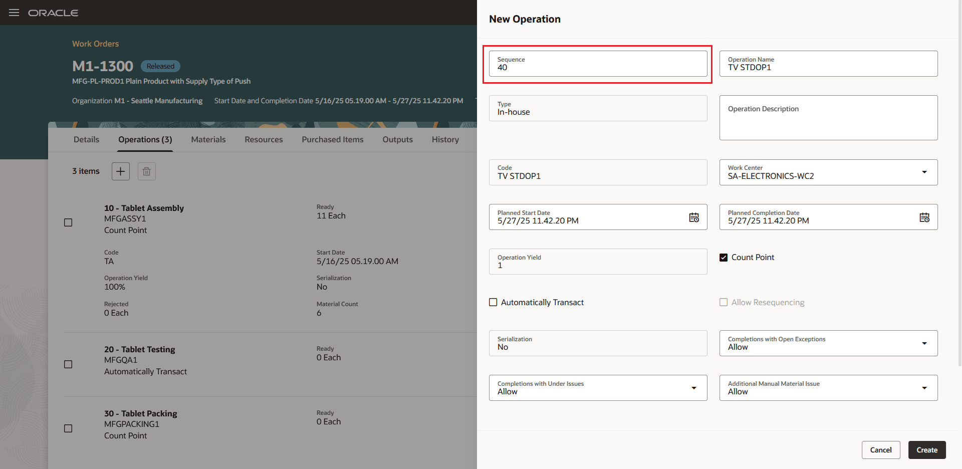 Work Order Operations: Add Operation