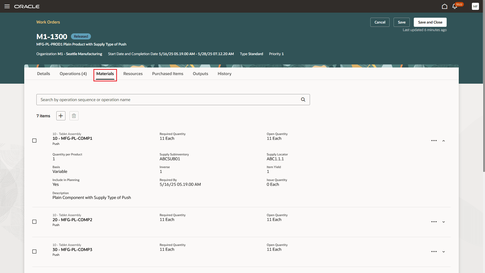 Work Order Operation Materials