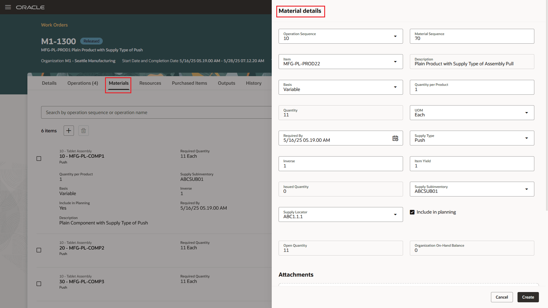 Work Order Operation Materials: Add Material