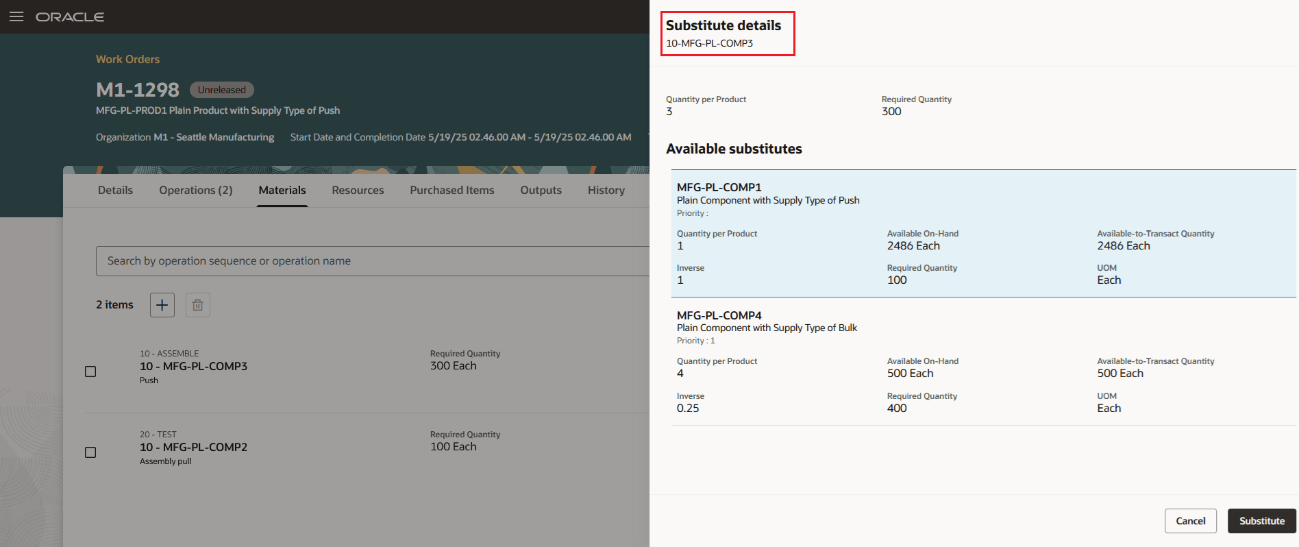 Work Order Operation Materials: Substitute Materials
