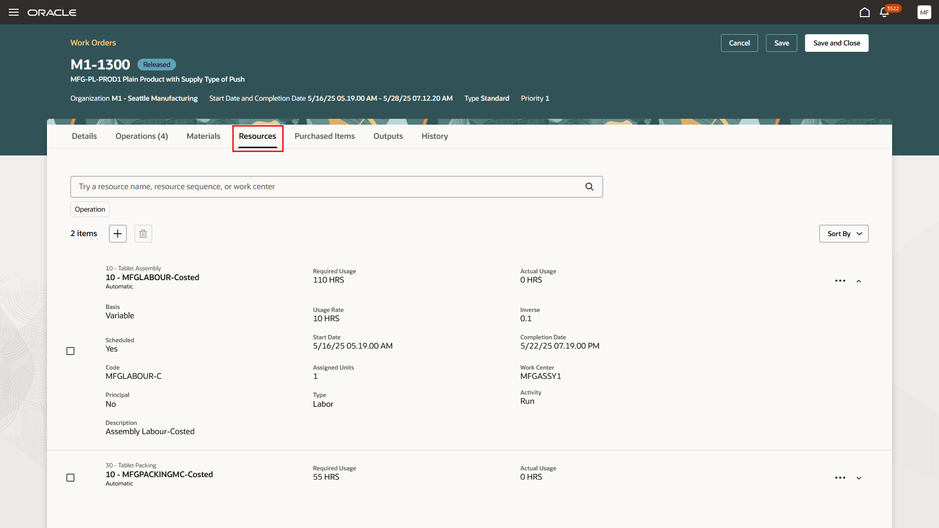 Work Order Operation Resources