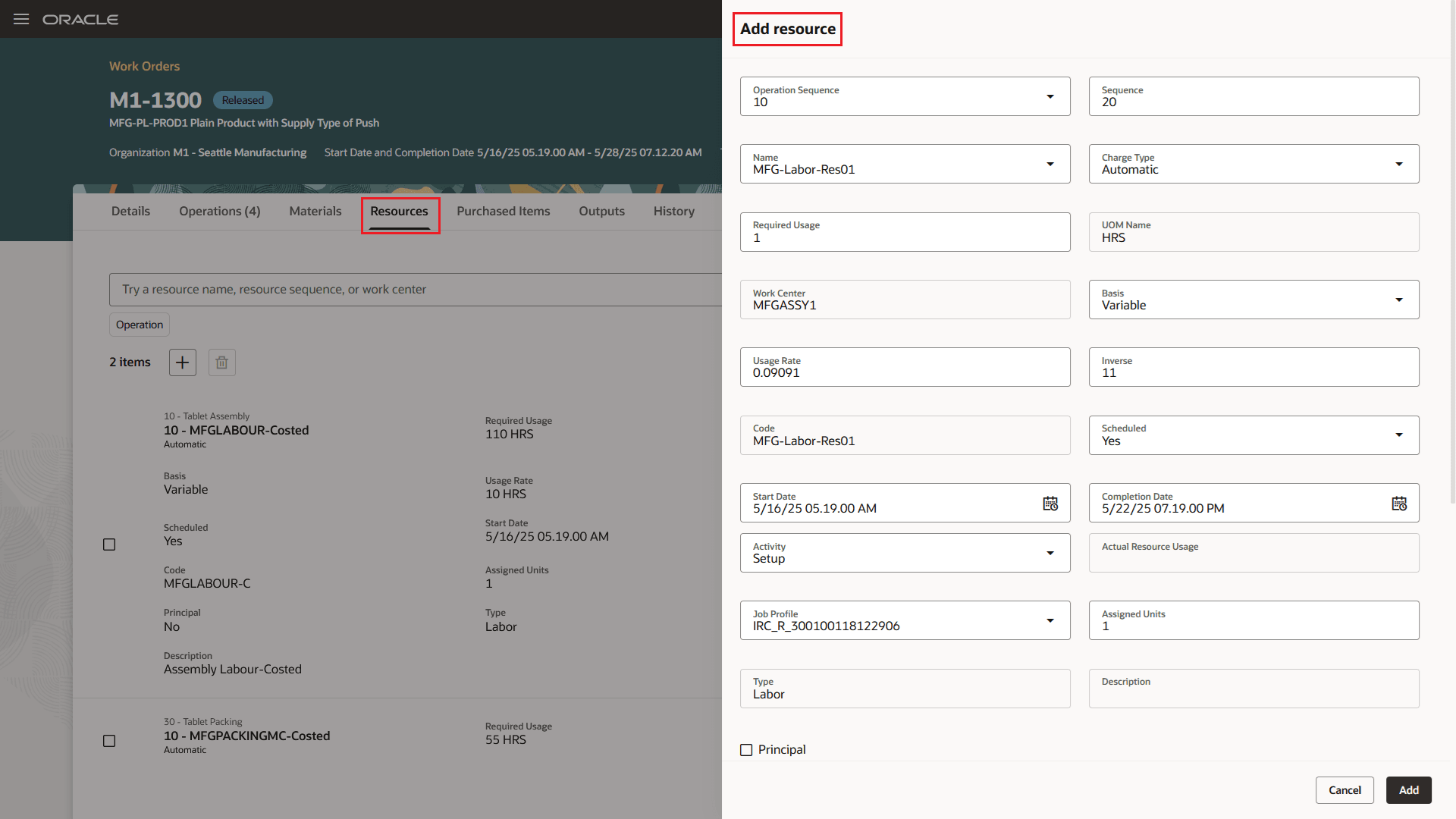 Work Order Operation Resources: Add Resource