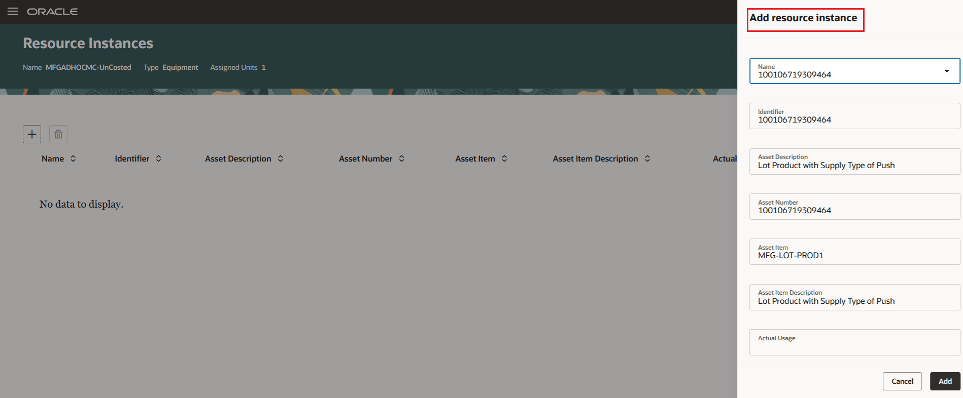 Work Order Operation Resource Instances: Add Resource Instance