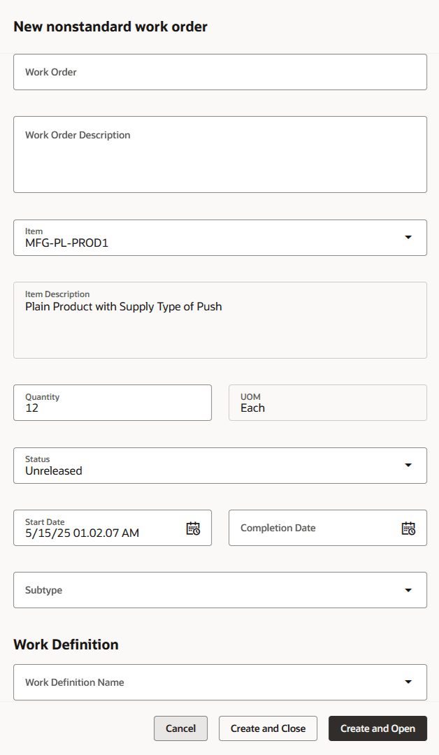 Create Nonstandard Work Order
