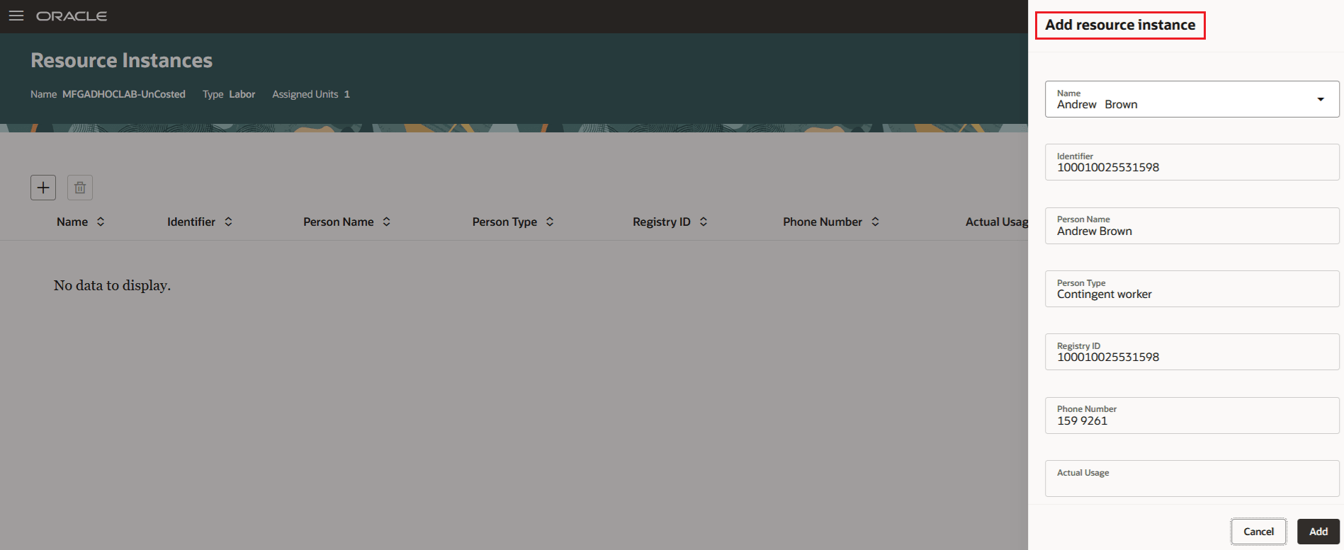 Work Order Operation Resource Instances: Add Resource Instance - Labor type