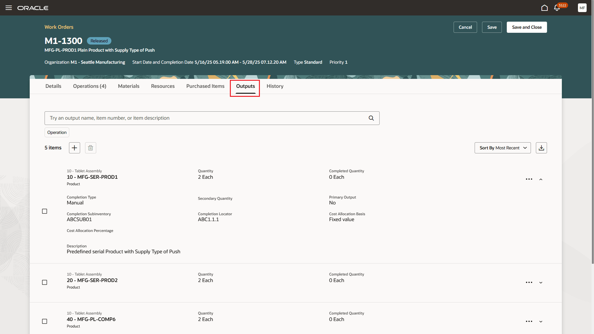 Work Order Operation Outputs