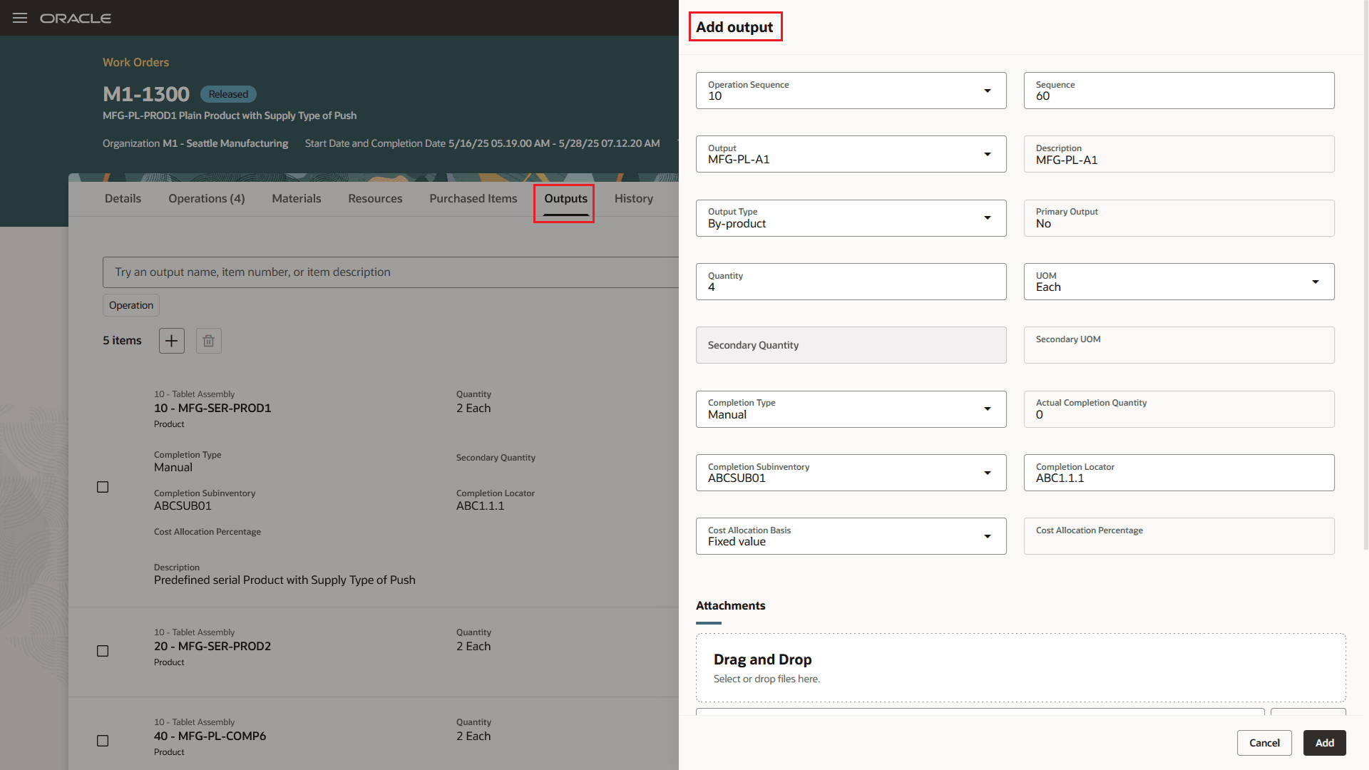 Work Order Operation Outputs: Add Output