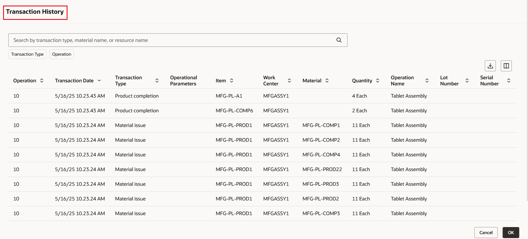 Work Order Transaction History