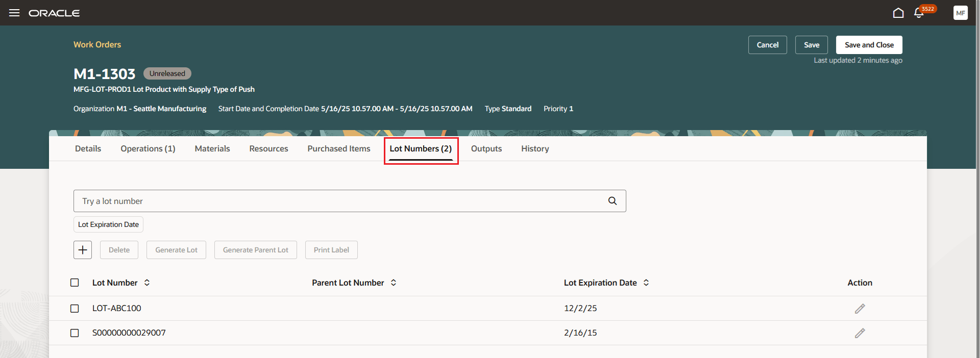 Discrete Work Order: Preassigned Lots