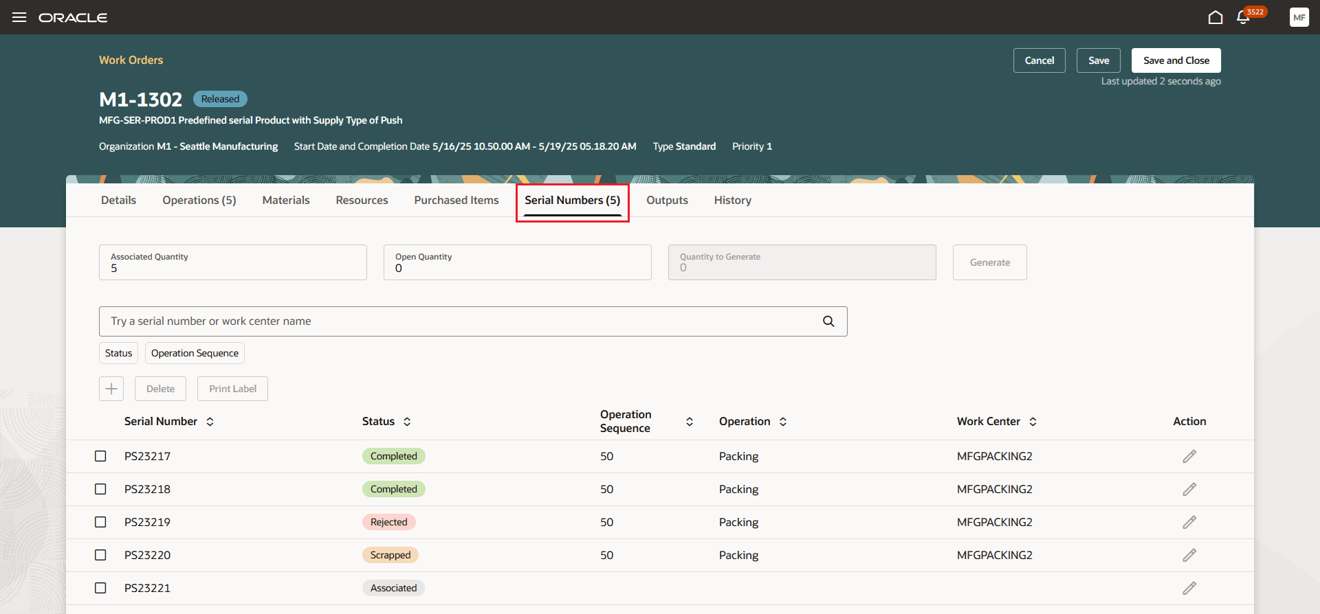 Discrete Work Order - Serials