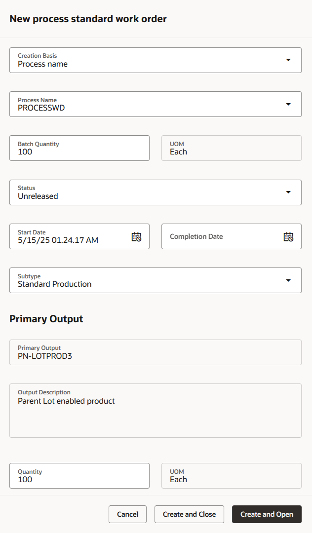 Create Process Standard Work Order