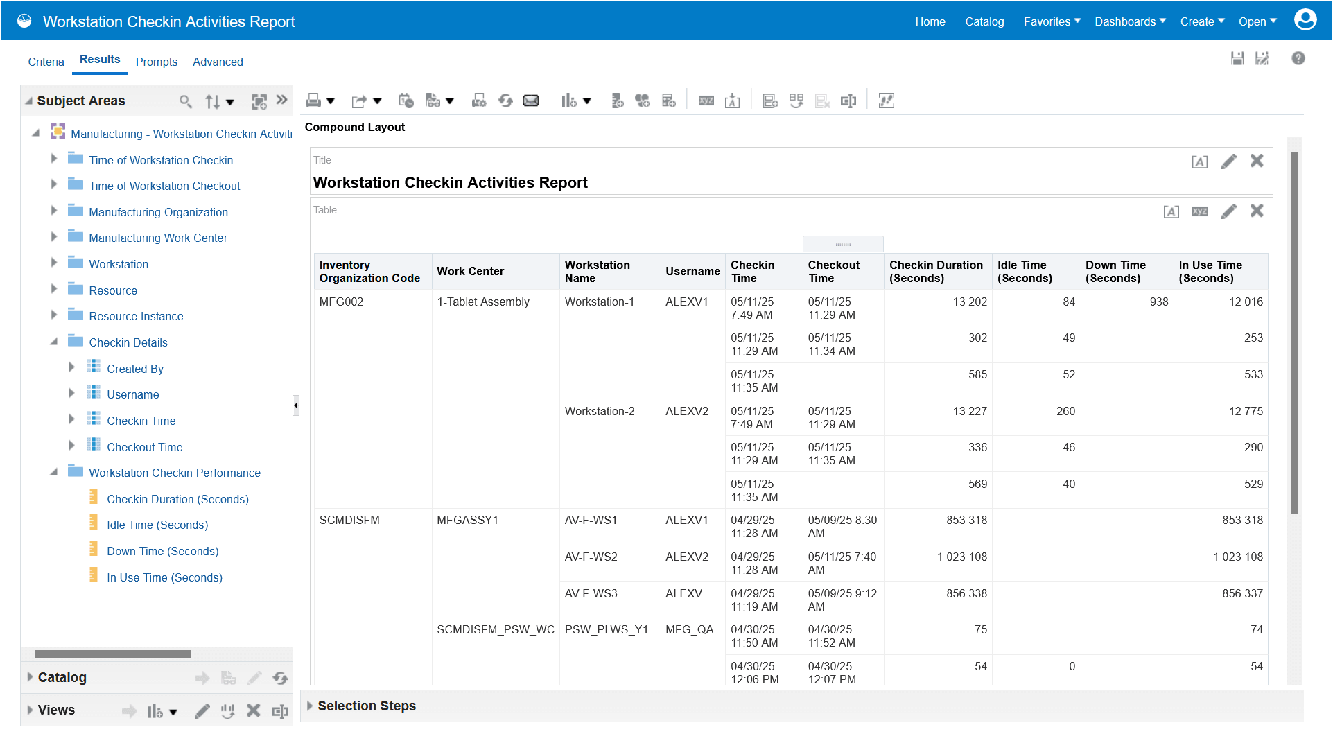 Manufacturing - Workstation Checkin Activities Monitoring Real Time Subject Area