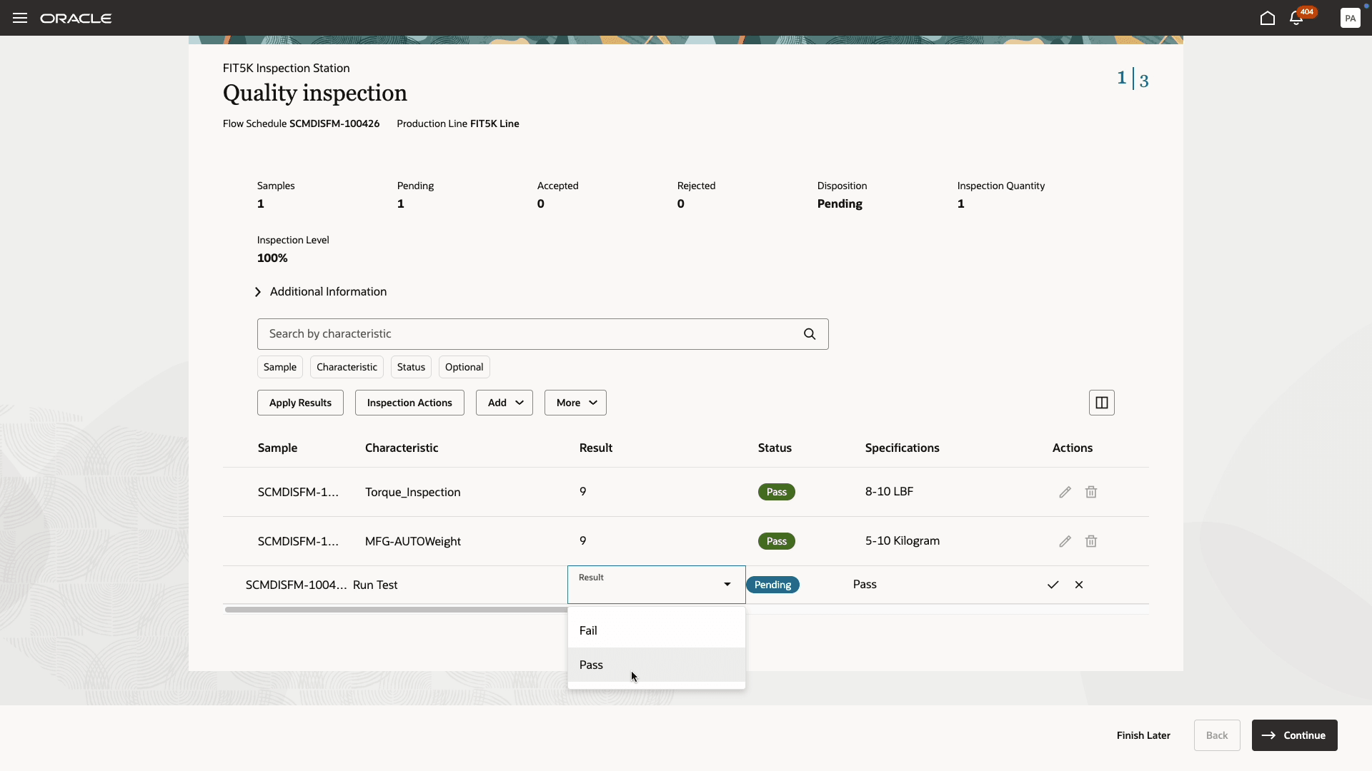 Perform quality inspection for flow schedule at a workstation assigned at the end of production line