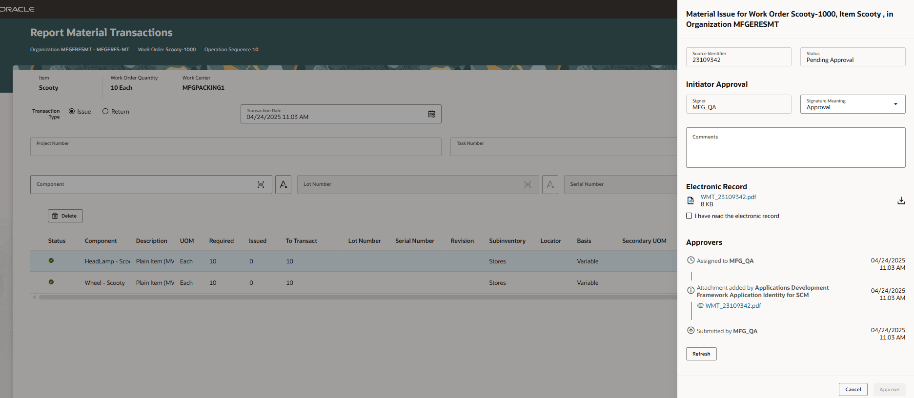 Submit Material Transaction for Electronic Signature Approval
